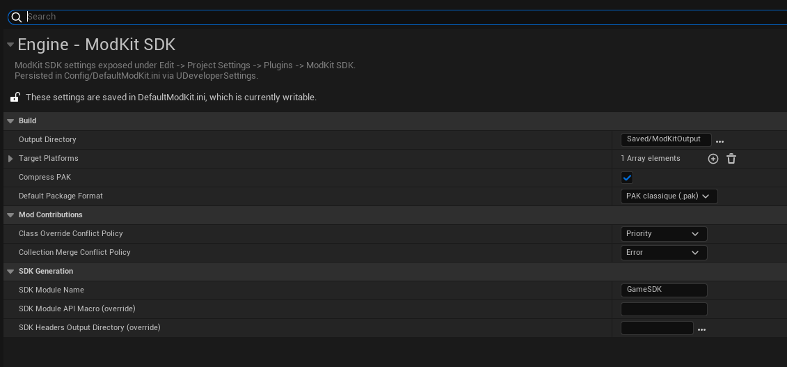 Project Settings ModKit panel